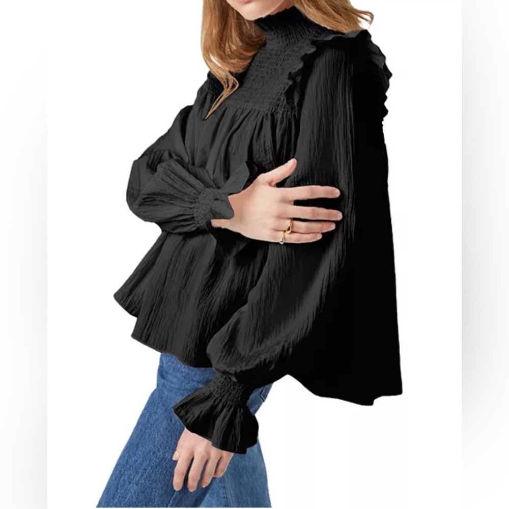French Connection Boza Crinkled Smocked Mock Top S Black Lightweight Feminine